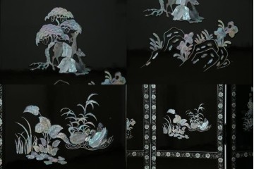 アジアンビンテージ　韓国　花鳥図の螺鈿(ラデン)細工が美しい4連衝立て　定価約120万円　(R-078123)