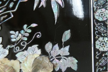 アジアンビンテージ　韓国　花鳥図の螺鈿(ラデン)細工が美しい4連衝立て　定価約120万円　(R-078123)