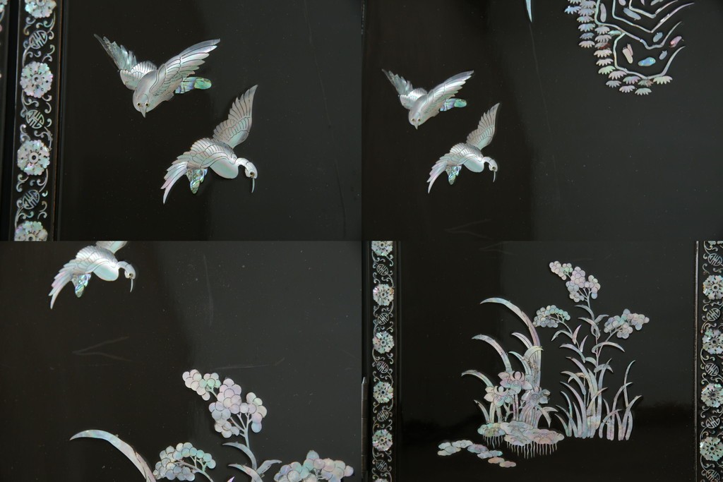 アジアンビンテージ　韓国　花鳥図の螺鈿(ラデン)細工が美しい4連衝立て　定価約120万円　(R-078123)
