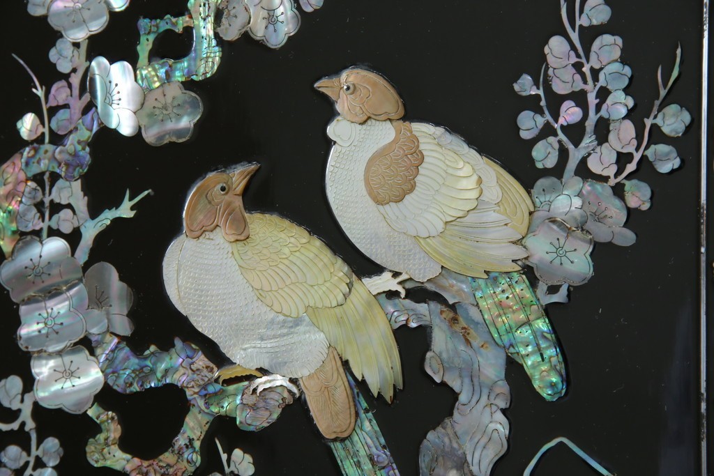 アジアンビンテージ　韓国　花鳥図の螺鈿(ラデン)細工が美しい4連衝立て　定価約120万円　(R-078123)