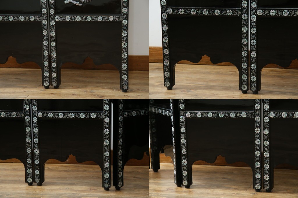 アジアンビンテージ　韓国　花鳥図の螺鈿(ラデン)細工が美しい4連衝立て　定価約120万円　(R-078123)