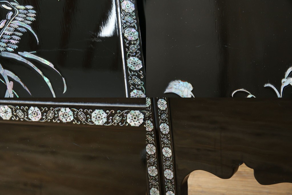 アジアンビンテージ　韓国　花鳥図の螺鈿(ラデン)細工が美しい4連衝立て　定価約120万円　(R-078123)