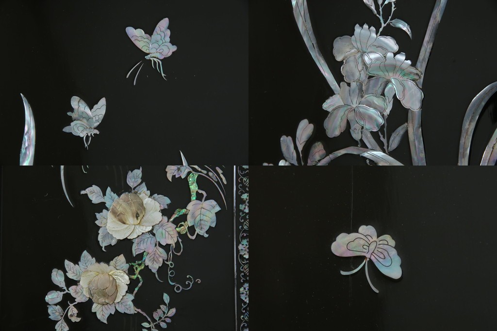 アジアンビンテージ　韓国　花鳥図の螺鈿(ラデン)細工が美しい4連衝立て　定価約120万円　(R-078123)