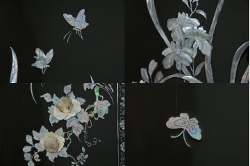 アジアンビンテージ　韓国　花鳥図の螺鈿(ラデン)細工が美しい4連衝立て　定価約120万円　(R-078123)