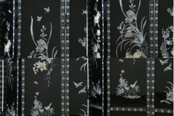 アジアンビンテージ　韓国　花鳥図の螺鈿(ラデン)細工が美しい4連衝立て　定価約120万円　(R-078123)