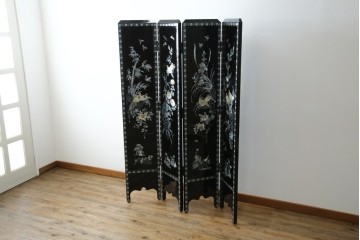 アジアンビンテージ　韓国　花鳥図の螺鈿(ラデン)細工が美しい4連衝立て　定価約120万円　(R-078123)