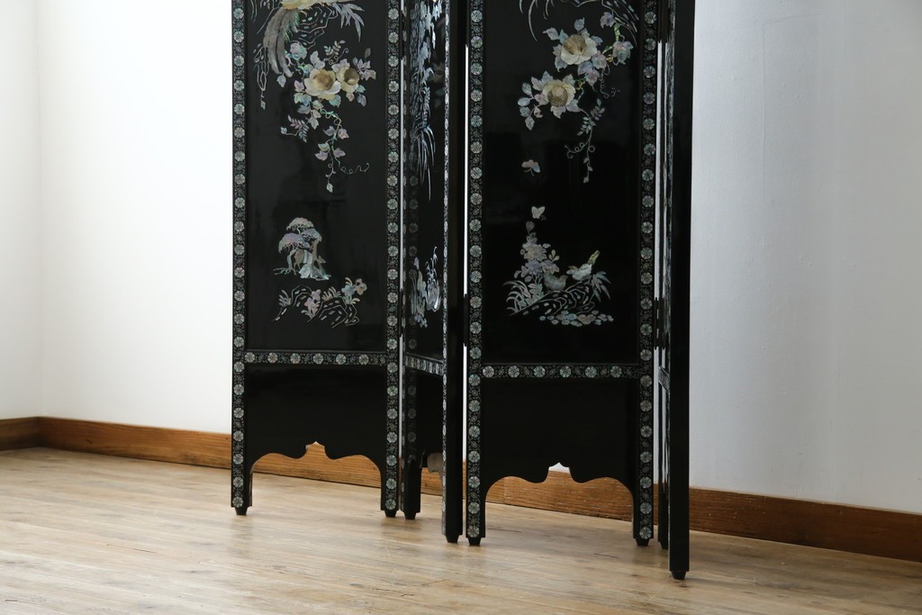 アジアンビンテージ　韓国　花鳥図の螺鈿(ラデン)細工が美しい4連衝立て　定価約120万円　(R-078123)