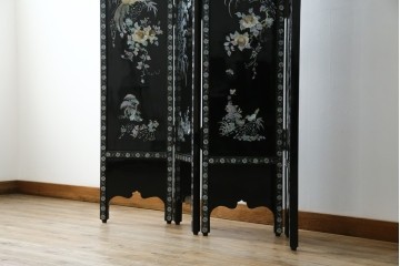 アジアンビンテージ　韓国　花鳥図の螺鈿(ラデン)細工が美しい4連衝立て　定価約120万円　(R-078123)