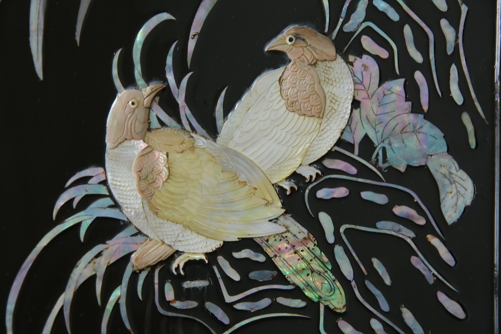 アジアンビンテージ　韓国　花鳥図の螺鈿(ラデン)細工が美しい4連衝立て　定価約120万円　(R-078123)