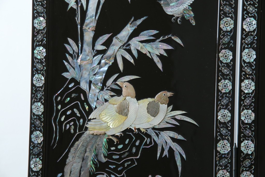 アジアンビンテージ　韓国　花鳥図の螺鈿(ラデン)細工が美しい4連衝立て　定価約120万円　(R-078123)