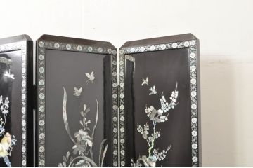 アジアンビンテージ　韓国　花鳥図の螺鈿(ラデン)細工が美しい4連衝立て(つい立て、衝い立て、仕切り、パーテーション、ヴィンテージ)(定価約120万円)(R-078123)