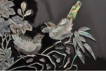 アジアンビンテージ　韓国　花鳥図の螺鈿(ラデン)細工が美しい4連衝立て(つい立て、衝い立て、仕切り、パーテーション、ヴィンテージ)(定価約120万円)(R-078123)