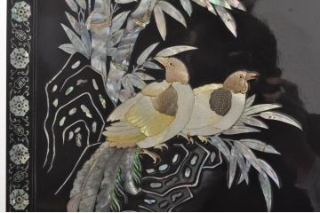 アジアンビンテージ　韓国　花鳥図の螺鈿(ラデン)細工が美しい4連衝立て(つい立て、衝い立て、仕切り、パーテーション、ヴィンテージ)(定価約120万円)(R-078123)