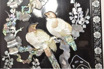 アジアンビンテージ　韓国　花鳥図の螺鈿(ラデン)細工が美しい4連衝立て(つい立て、衝い立て、仕切り、パーテーション、ヴィンテージ)(定価約120万円)(R-078123)