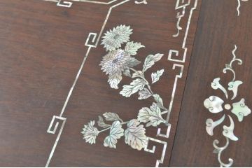 和製アンティーク　希少な時代物!!　螺鈿(ラデン)　花梨(カリン)材　　象嵌入りの凝ったデザインが魅力の文机(ローテーブル、座卓、座机、センターテーブル)(R-078125)