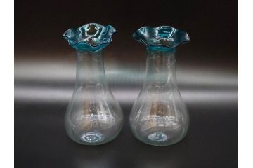 戦前　大正〜昭和初期　昭和レトロ　青フリル　澄んだブルーカラーが素敵なガラス花瓶2個セット(一輪挿し、花入、花器、硝子)(R-078199)