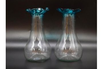 戦前　大正〜昭和初期　昭和レトロ　青フリル　澄んだブルーカラーが素敵なガラス花瓶2個セット(一輪挿し、花入、花器、硝子)(R-078199)