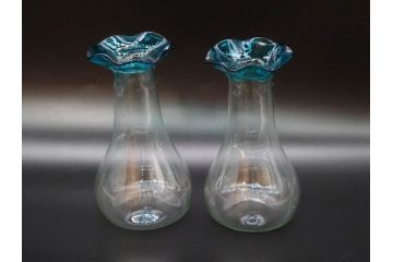 戦前　大正〜昭和初期 昭和レトロ　青フリル　澄んだブルーカラーが素敵なガラス花瓶2個セット(一輪挿し、花入、花器、硝子)(R-078201)