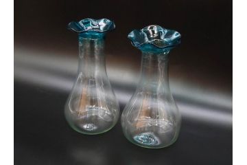 戦前　大正〜昭和初期　昭和レトロ　青フリル　澄んだブルーカラーが素敵なガラス花瓶2個セット(一輪挿し、花入、花器、硝子)(R-078203)
