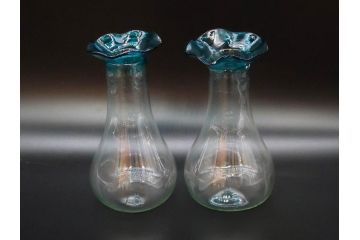 戦前　大正〜昭和初期　昭和レトロ　青フリル　澄んだブルーカラーが素敵なガラス花瓶2個セット(一輪挿し、花入、花器、硝子)(R-078203)