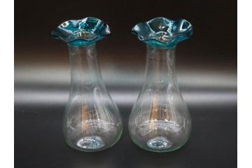 戦前　大正〜昭和初期　昭和レトロ　青フリル　澄んだブルーカラーが素敵なガラス花瓶2個セット(一輪挿し、花入、花器、硝子)(R-078204)