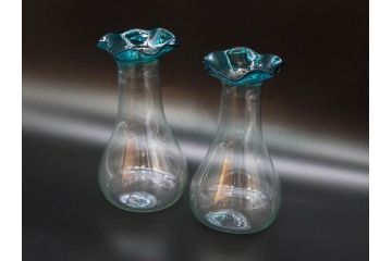 戦前　大正〜昭和初期　昭和レトロ　青フリル　澄んだブルーカラーが素敵なガラス花瓶2個セット(一輪挿し、花入、花器、硝子)(R-078205)