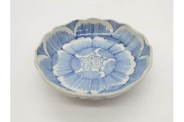 江戸後期　伊万里　線描き　約14cm　4.5寸　上品な大輪の牡丹が目を引くなます皿2枚セット(花、小皿、和皿、四寸五分、和食器)(R-078253)
