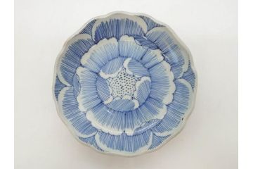江戸後期　伊万里　線描き　約14cm　4.5寸　上品な大輪の牡丹が目を引くなます皿2枚セット(花、小皿、和皿、四寸五分、和食器)(R-078253)