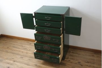 中古　美品!!　二本松工藝館　田中家具　個性的でモダンな佇まいの両開き戸付きチェスト(サイドチェスト、和タンス、整理箪笥、収納箪笥、引き出し、観音箪笥、衣装箪笥)(定価約65万円)(R-078287)