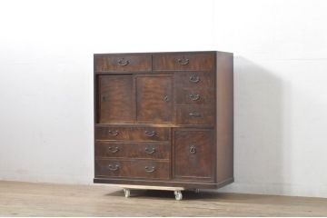 和製アンティーク　上手物!!　高級品　指物工芸家具　前面桑材　内部桐材　独特の木目を楽しめる収納箪笥(指物箪笥、整理箪笥、和たんす、時代箪笥、収納棚、戸棚)(R-078308)