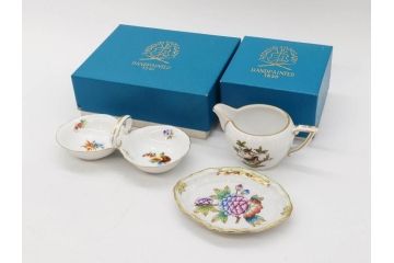 ヘレンド　ハンガリー　HEREND HVNGARY　「ロスチャイルド・バード」649/RO　「フルーツコンポジション」1253/CFR　「ヴィクトリア・ブーケ」　華やかな絵が美しいクリーマー・プレート・ジャム/マーマレード3点セット(金彩、鳥、蝶、花、果物、変形皿、洋食器)(R-078334)　　