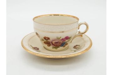 ドイツ　KPM (ベルリン王立磁器製陶所)　優雅な時間に浸れるカップ&ソーサー3客・プレート6枚セット(金彩、ゴールド、バラ、蝶、洋食器)(R-078335)