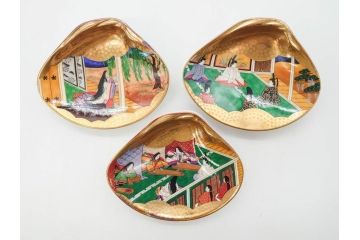 1980年　フランクリン画廊　徳川黎明會監修　「源氏物語貝合せ」　約10cm　3.3寸 雅な絵柄が美しい貝絵皿54枚揃(限定版、飾り皿、認定書、解説書付き、ボーンチャイナ、陶器、金彩、蒔絵、重箱、三寸三分)(R-078337)