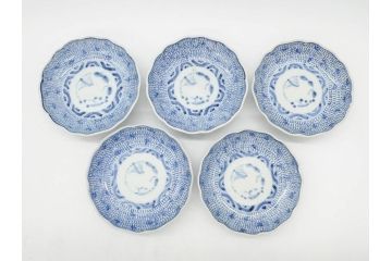 江戸後期　古伊万里　成化年製　微塵唐草文染付　約11cm　3.5寸　繊細な線描きが見事な小皿5枚セット(みじんからくさ、和皿、和食器、三寸五分)(R-078341)