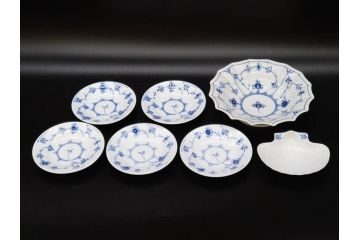 デンマーク　ROYAL COPENHAGEN(ロイヤルコペンハーゲン)　ブルーフルーテッド　プレイン　ブルーコペンハーゲン　様々なシーンに対応できるプレート5枚・シェルディッシュ・ボウルセット(皿、深皿、小皿、変形皿、貝、花柄、洋食器)(R-078347)