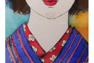 真作　2007年　米倉斉加年　「よし!きめた!!」　F0(0号)　肉筆　サイン入り　水彩画(絵画、少女、子ども、子供、はがき付き(椰子の実)、額装、共箱付き)(R-078348)