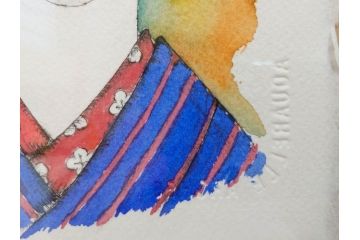 真作　2007年　米倉斉加年　「よし!きめた!!」　F0(0号)　肉筆　サイン入り　水彩画(絵画、少女、子ども、子供、はがき付き(椰子の実)、額装、共箱付き)(R-078348)