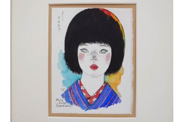 真作　2007年　米倉斉加年　「よし!きめた!!」　F0(0号)　肉筆　サイン入り　水彩画(絵画、少女、子ども、子供、はがき付き(椰子の実)、額装、共箱付き)(R-078348)