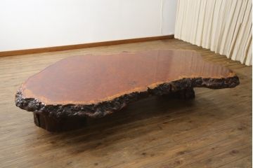 和製ビンテージ　特大!!　極厚天板　花梨(カリン)材　自然な木の質感を楽しめる鳥眼杢が美しい座卓(ローテーブル、リビングテーブル、ヴィンテージ)(R-078359)