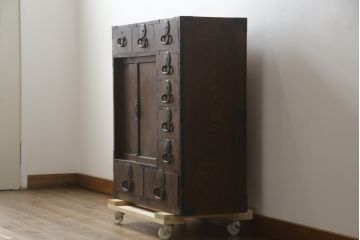 和製アンティーク　三方欅(ケヤキ)材　和の空間作りにおすすめの小振りな帳場箪笥(時代箪笥、収納タンス、整理箪笥、引き出し)(R-078366)