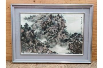 真作　中国　傅益瑶　15号　水墨画(墨絵、布引観音、風景画、女流画家、額装)(R-078410)
