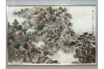 真作　中国　傅益瑶　15号　水墨画(墨絵、布引観音、風景画、女流画家、額装)(R-078410)