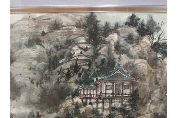 真作　中国　傅益瑶　15号　水墨画(墨絵、布引観音、風景画、女流画家、額装)(R-078410)