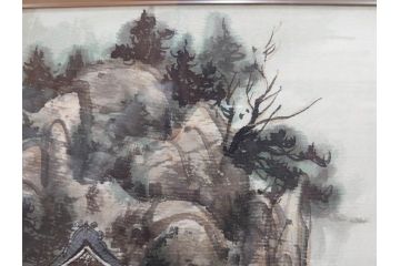 真作　中国　傅益瑶　15号　水墨画(墨絵、布引観音、風景画、女流画家、額装)(R-078410)