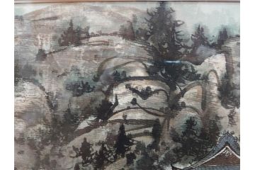 真作　中国　傅益瑶　15号　水墨画(墨絵、布引観音、風景画、女流画家、額装)(R-078410)