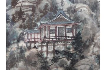 真作　中国　傅益瑶　15号　水墨画(墨絵、布引観音、風景画、女流画家、額装)(R-078410)