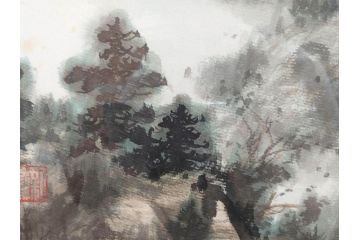 真作　中国　傅益瑶　15号　水墨画(墨絵、布引観音、風景画、女流画家、額装)(R-078410)