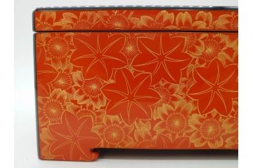 輪島塗　沈金師 友田裕次　春秋沈金　金彩が美しい宝石箱(漆器、ジュエリーボックス、小物入れ、小箱、紅葉、桜、共箱付き)(R-078414)