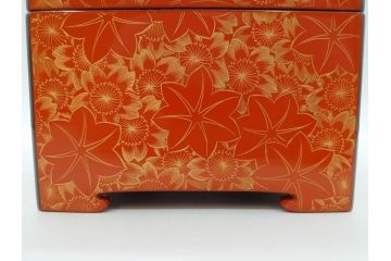 輪島塗　沈金師 友田裕次　春秋沈金　金彩が美しい宝石箱(漆器、ジュエリーボックス、小物入れ、小箱、紅葉、桜、共箱付き)(R-078414)