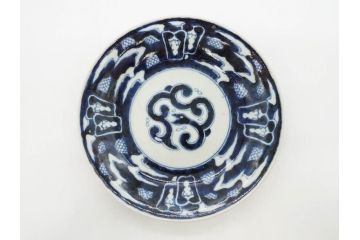 江戸期　古伊万里　染付　蛇文　約17cm　5.5寸　蛇のデザインが印象的な中皿2枚セット(雲龍、ヘビ、裏印、和皿、和食器、五寸五分)(R-078464)